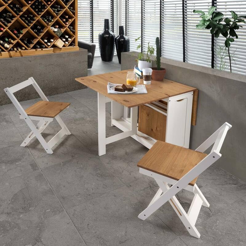 Buyqualia Set de Mesa Plegable con Tapa Color safir y Patas Blancas + 4 sillas Plegables – con alas abatibles y Espacio de almacenaje para Las sillas - 115x95x76 cm