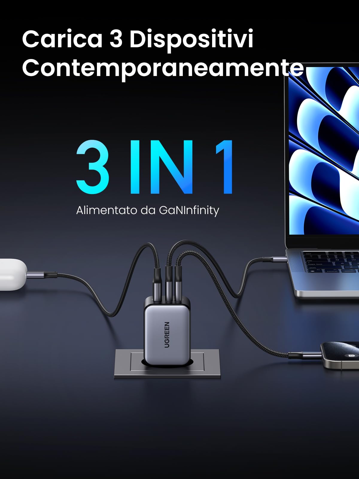 UGREEN Nexode X Caricatore 65W USB C GaN, Alimentatore USB C Compatibile con Samsung Galaxy S24/ S24 Ultra/ S23 Ultra, MacBook Pro/Air, iPhone 16/15/14/13/12, ASUS, iPad Pro/Air, Steam Deck
