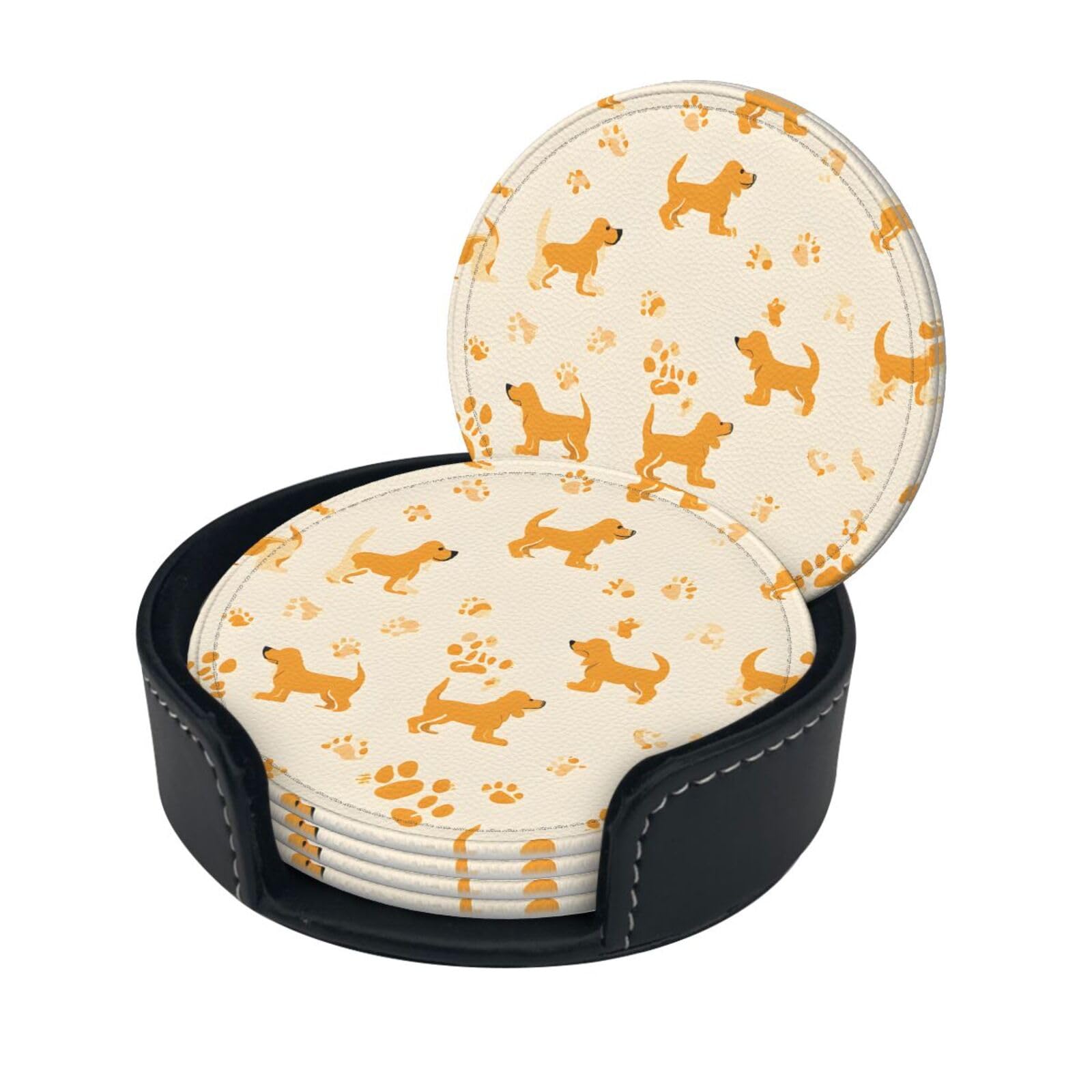 Corgi Pattern Print Coaster,Round Leather Coasters with Storage Box for Wine Mugs,Cold Drinks and Cups Tabletop Protection (6 Piece)