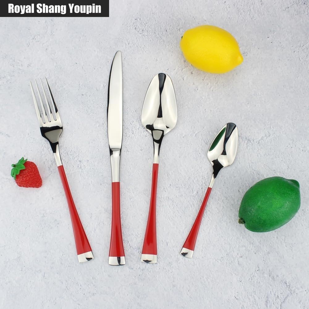 Manico Raffinato Cucina Acciaio Inossidabile Posate Stoviglie Posate Coltelli Forchette Cucchiai Set Coltello Da Bistecca Per La Casa Cucchiaio Da Dessert (Argento rosso,16 pezzi)