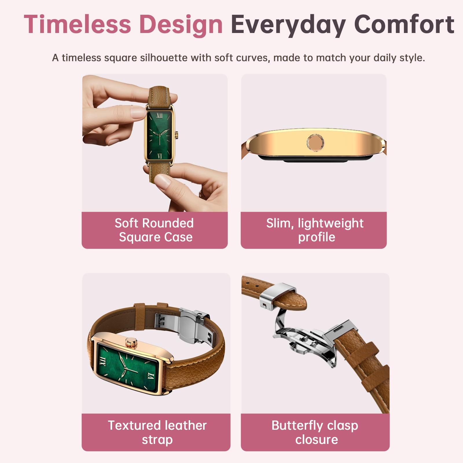 Fitness Tracker Mujer Elegante Smartwatch con Monitor de Sueño Frecuencia Cardíaca Podómetro Contador de Calorías Ciclo Menstrual Relojes de Lujo para Mujeres Cuero Rosa Smartband