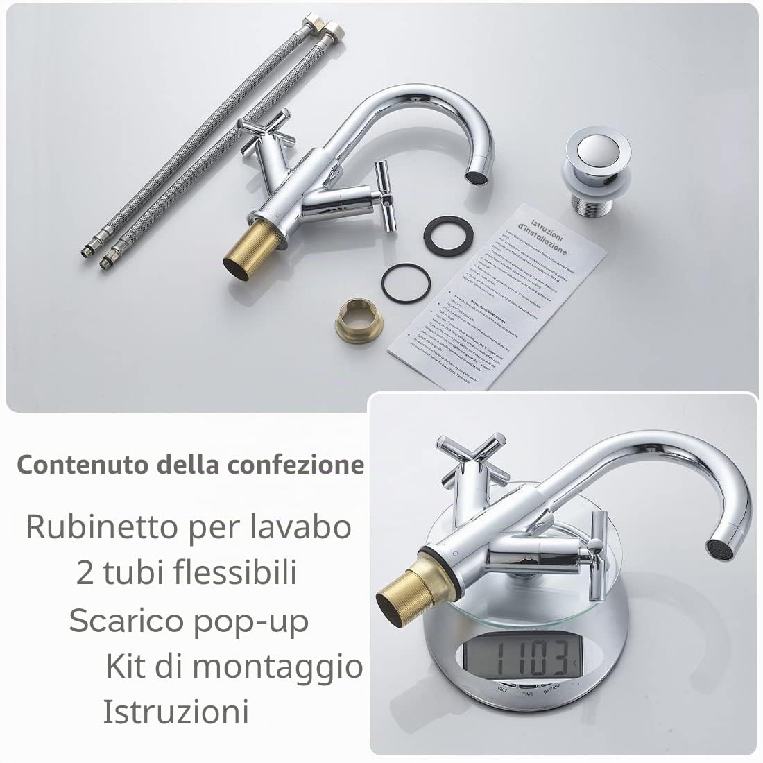 Rubinetto miscelatore per lavabo, doppio manico a croce girevole rubinetto per lavabo da bagno con scarico pop-up, moderno rubinetto cromato