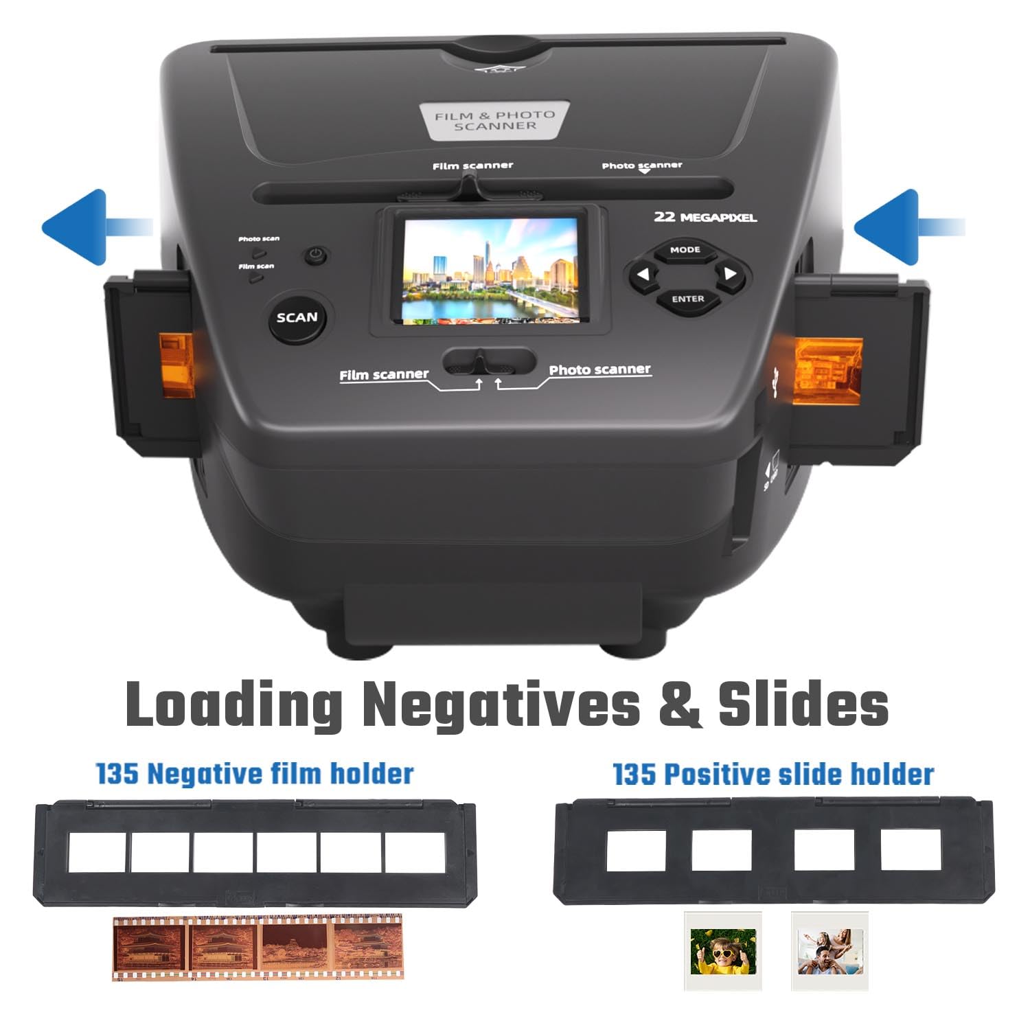 Scanner de films et photos avec écran LCD de 2,4", convertit 135 diapositives de 35 mm/135 films négatifs, photos, cartes de visite en images numériques de 22 MP, carte SD de 4 Go