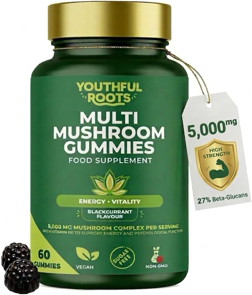 Multi Mushroom Gummies 6-in-1 with Lions Mane, Reishi, Shiitake & Vitamin B6 - Focus, Energy & Vitality - Vegan & Sugar-Free - 60 Gummies for Kids & Adults