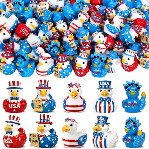 80Pcs Patriotic Mini Ducks 5 Style Resin Duck Figurines 4th of July Tiny Duck Decorations with USA Bald Eagle and 250th Anniversary Designs for Independence Party Gifts Desk Decor and DIY Crafts