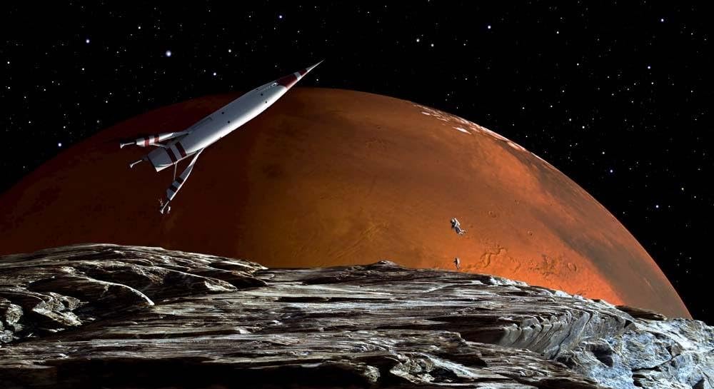 Wallmonkeys Spaceship Orbit Over Mars Wall Mural Peel and Stick Outer Space Graphic (72 in W x 39 in H) WM124976