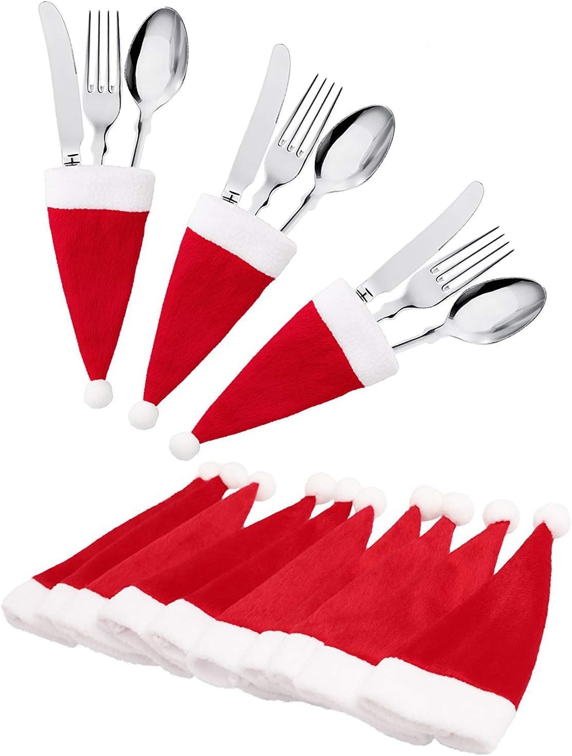 HAKDAY 20 PCS Mini Santa Hats for Crafts Christmas Santa Hats Silverware Holders Santa Wine Bottle Covers