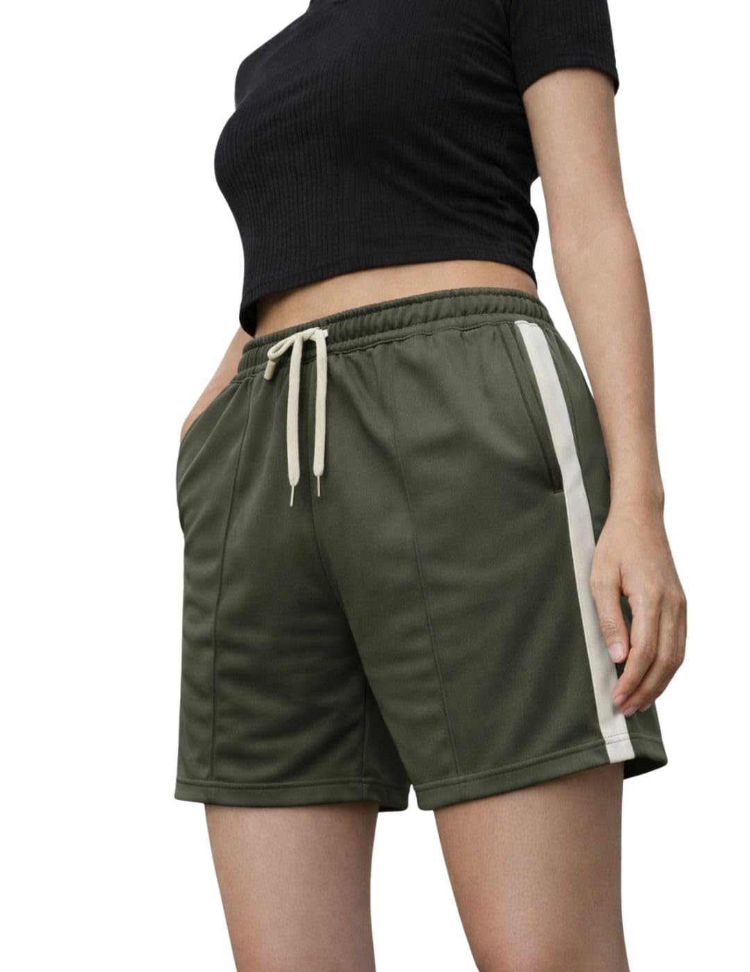 Women Cotton Knee Length Shorts | Soft Breathable Fabric | Elastic Waist with Drawstring | Side Stripe Casual Gym Workout Shorts for Women-picture-50