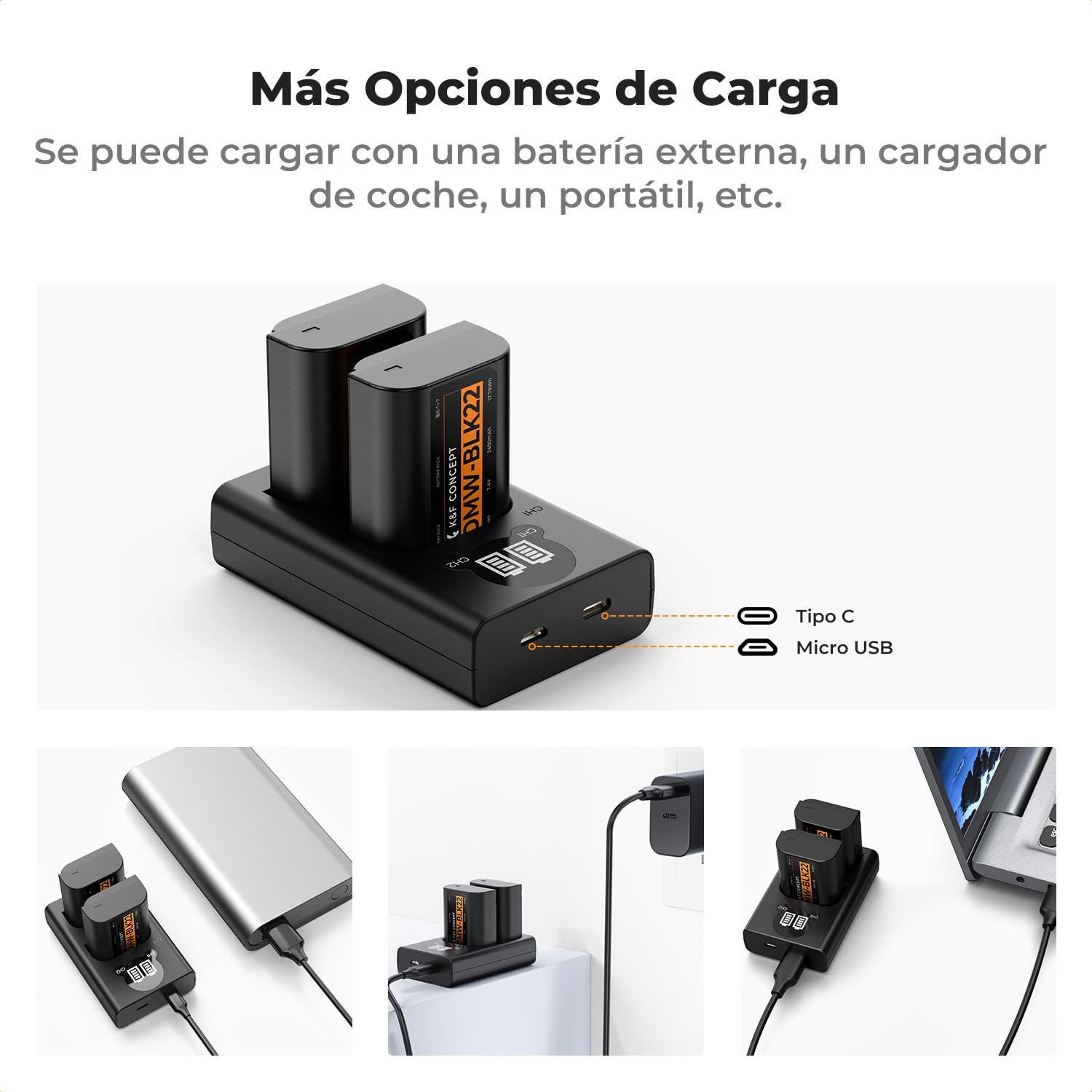 K&F CONCEPT DMW-BLK22 Batería de Repuesto 2-Pack con Cargador LCD Dual Slot, Compatible con Panasonic Lumix DC-S5 DC-S5 II DC-S5 IIX GH5 II GH6 S5II S5M2 GH5M2