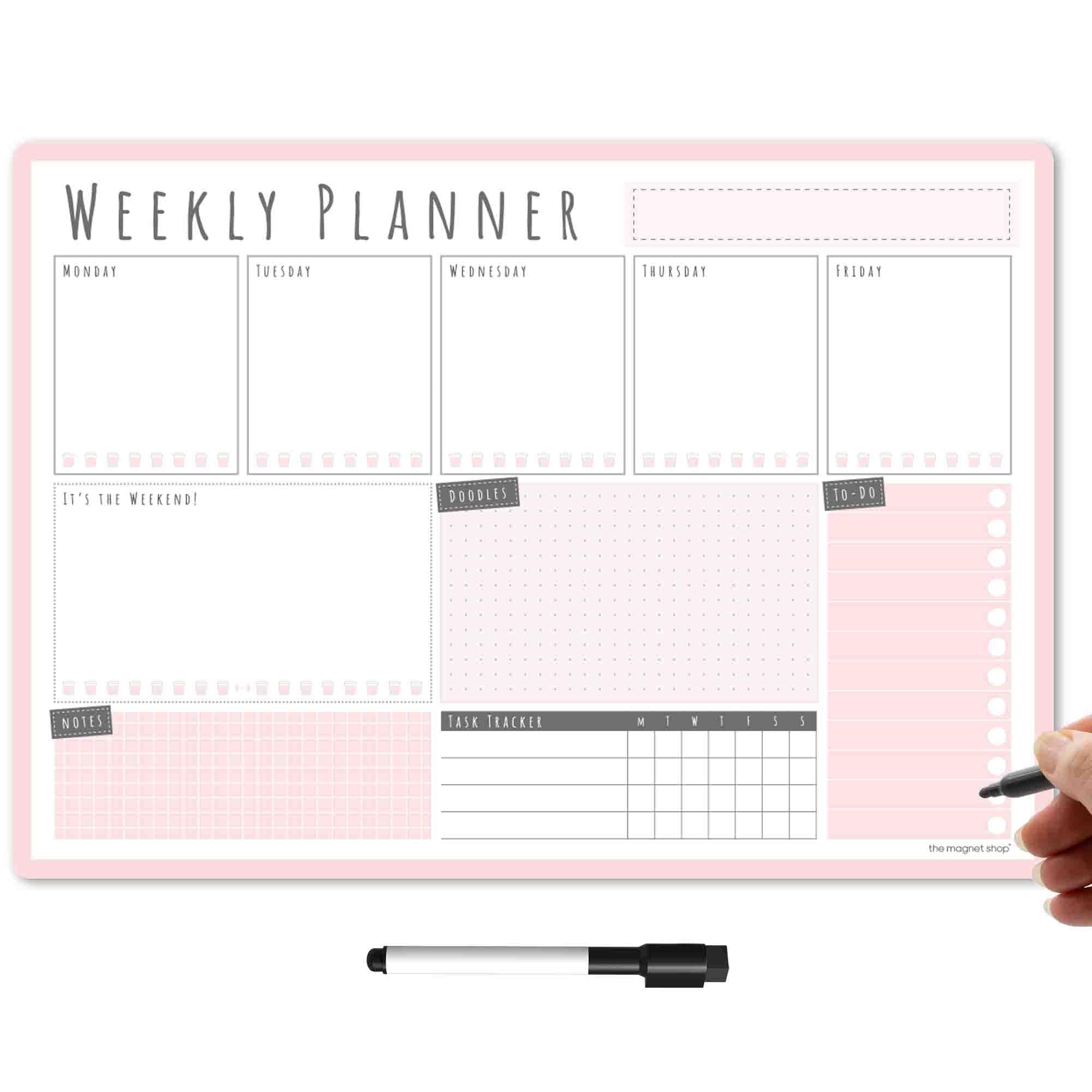 TMS A3 Magnetic Weekly Planner | Made in the UK | Fridge Whiteboard, Memo Board, To Do List, Calendar or Organiser for Work, Office or Family Planning + Dry Erase Pen | Blush Pink (42 x 30cm)