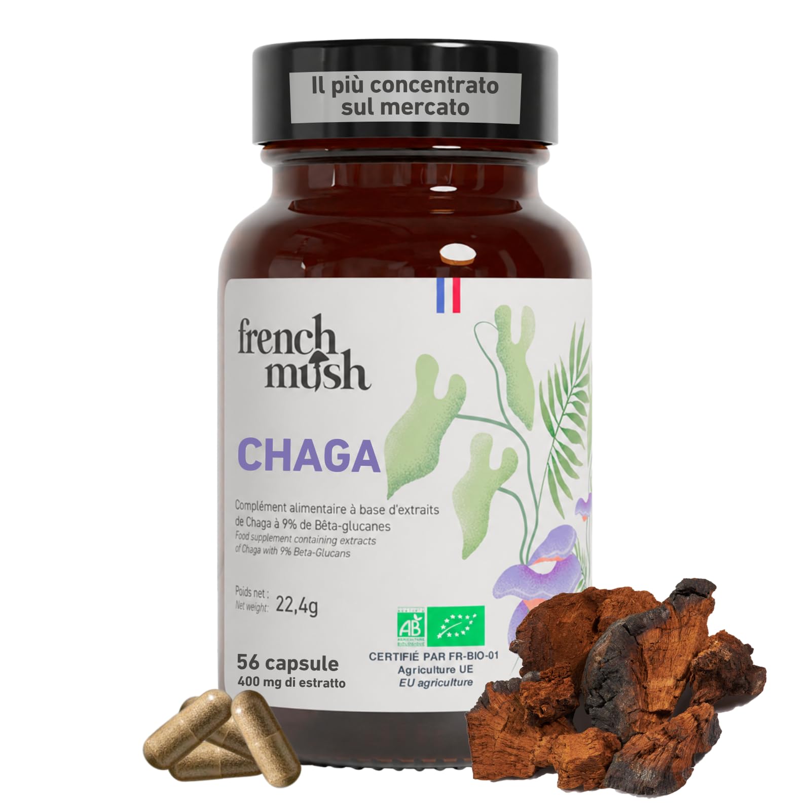 French Mush Funghi Chaga Bio Capsule 8000 mg - Superalimento Antiossidante - Complesso di Funghi Chaga Ricco di Vitamine B, D e K - Fungo Adattogeno - Testato in Laboratorio (56 capsule)