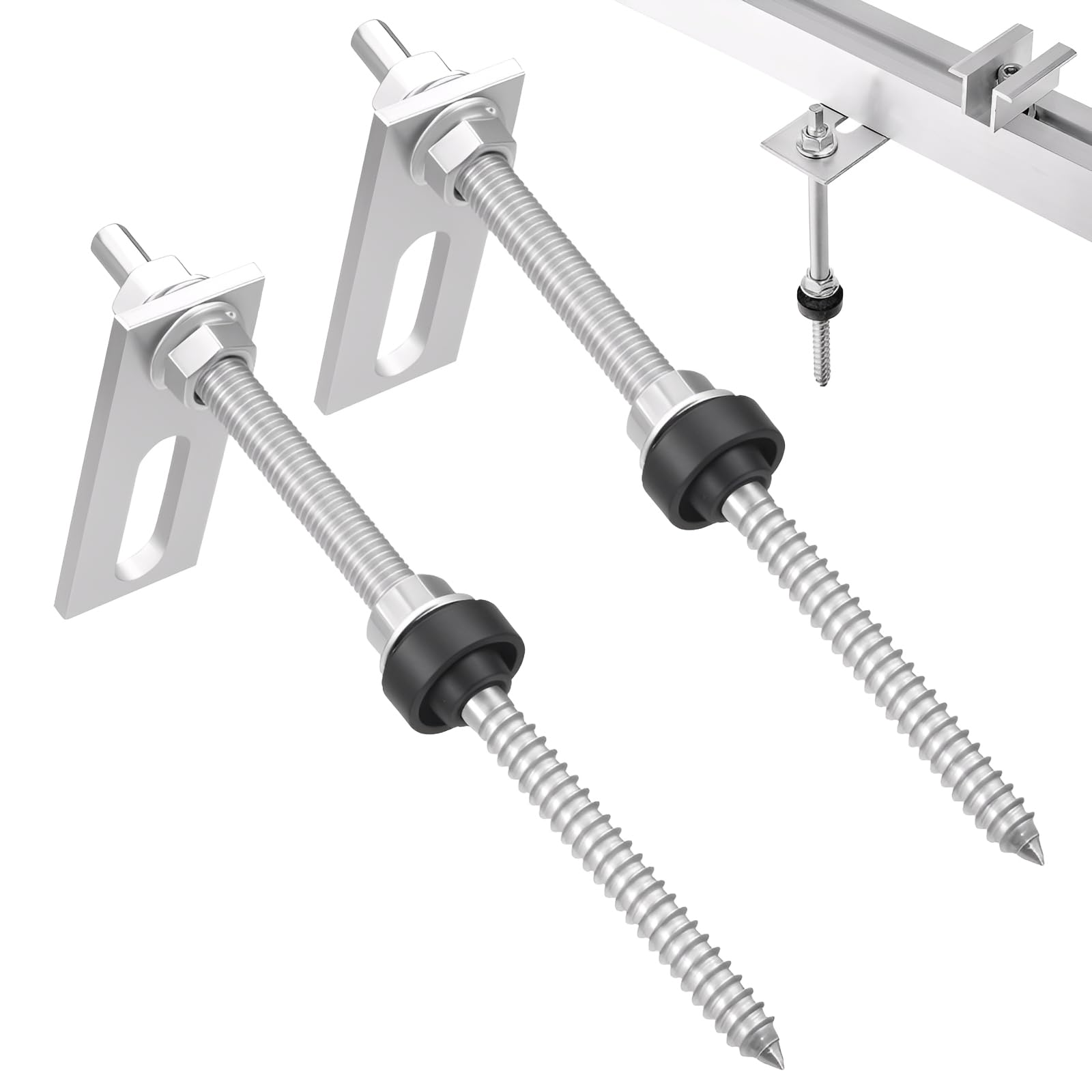 2 Pcs Vis à Double Filetage en Acier Inoxydable M10 x 200 mm, avec Plaque Adaptation M10 x 200 mm, pour Systèmes Photovoltaïques, avec Contre-écrous