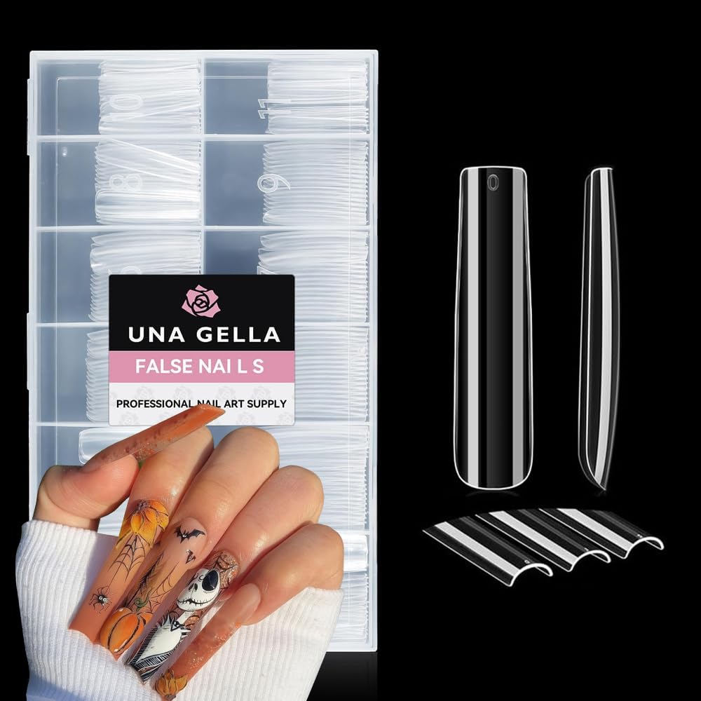 UNA GELLA XXL Long Square Nails Tips 216 PCS No C Curve Straight Nail Tips Full Cover Square Gel Tips Extra Long Nail Tips Clear False Fake Nails Gel Nail Extension for Nail Salon Home DIY 12 Sizes