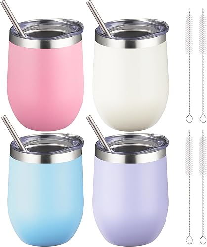 Miniatura 21 de Vaso térmico para vino de 12 oz con tapa y pajita, vasos térmicos para vino de acero inoxidable sin tallo de doble pared al vacío, vasos a granel