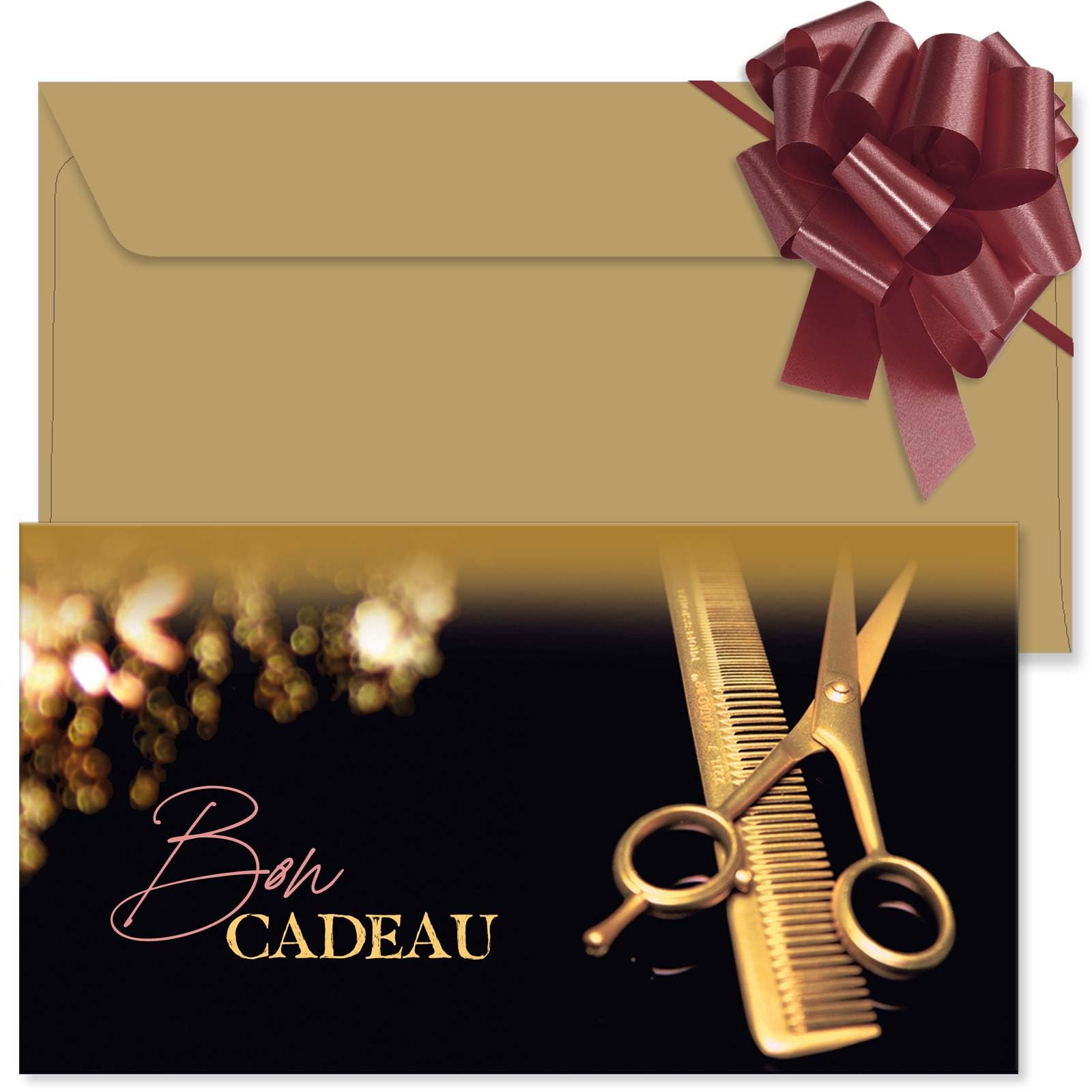 POS BON - 100 bons cadeaux à remplir avec enveloppe/nœud ruban - formulaires imprimés pour des salons de coiffure K12009F-2-100-V1