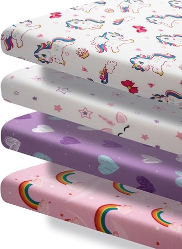 Miniatura 6 de Paquete de 4 sábanas suaves para bebé niña N Play para colchón de cuna, diseño de corazón de arco iris, lindo poliéster neutro, unisex, juego de