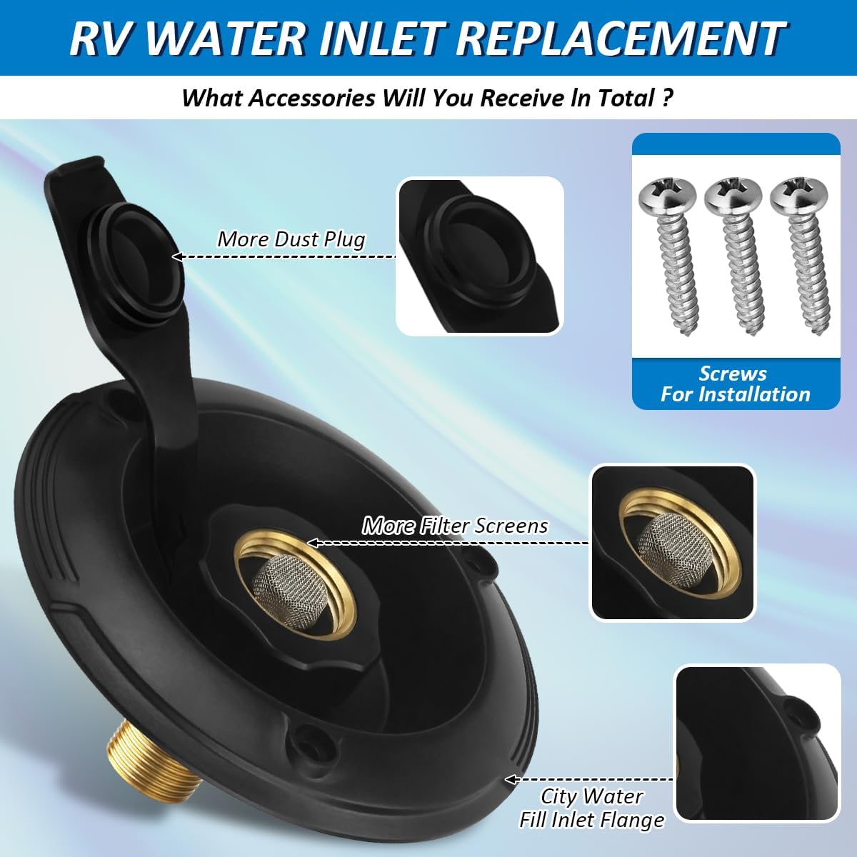 RV City Water Inlet with Check Valve, RV Water Fill Inlet Connection with 3/4 NH Female to 1/2 NPT Male Lead-free Brass City Water Inlet Flange for RV, RV Water Inlet Replacement