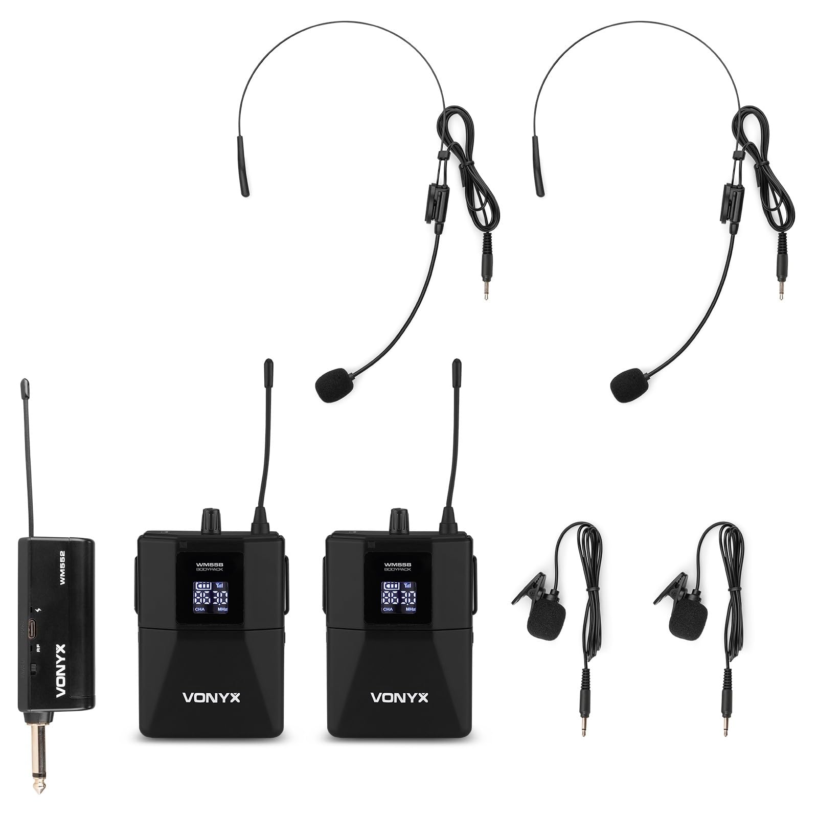 Vonyx WM552B Sistema inalámbrico UHF con 2 petacas | Dos petacas, diadema y solapa incluidas, 10 canales UHF, alcance hasta 50 m