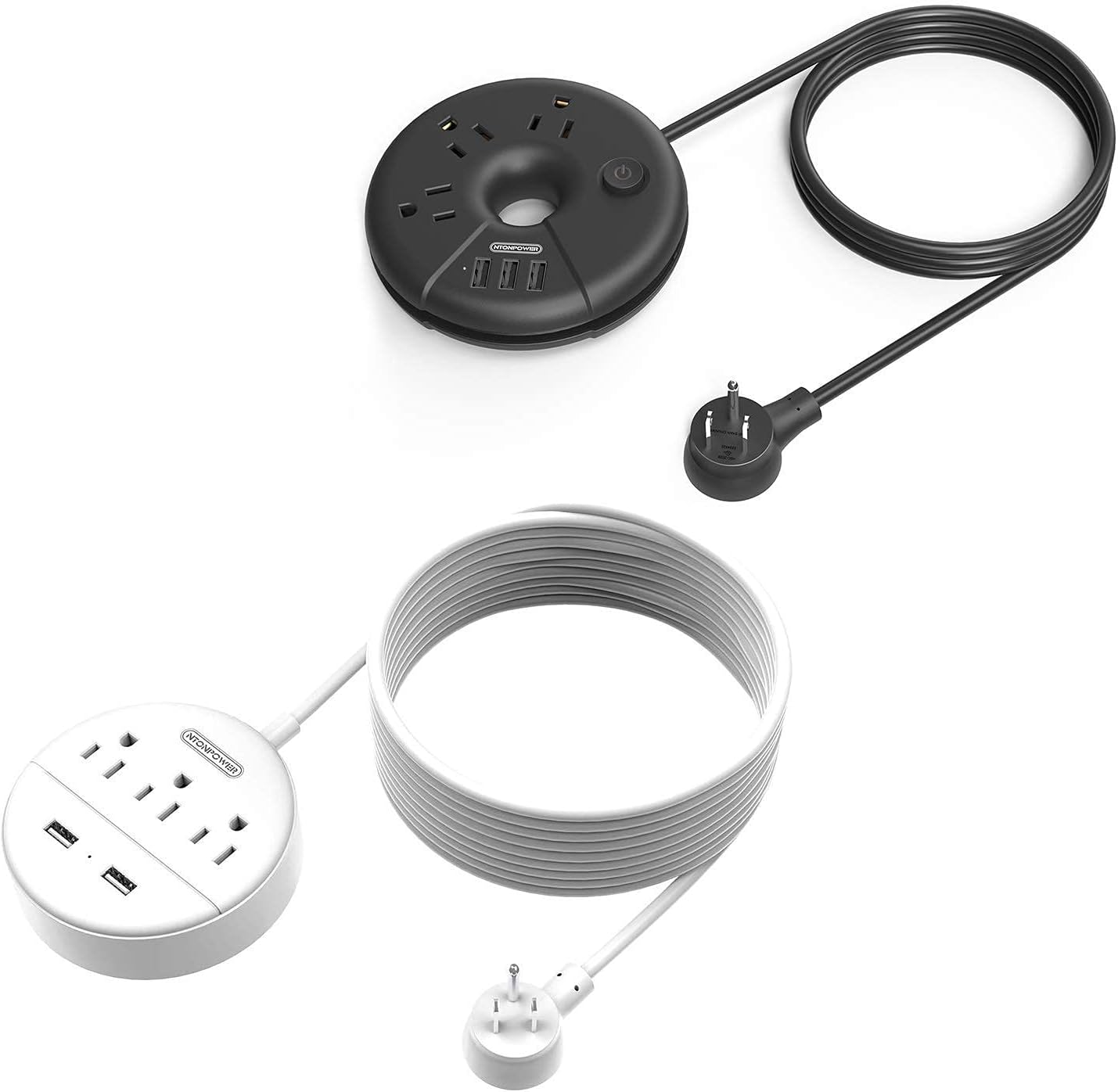 NTONPOWER Long Cord Power Strip Bundle, 3 Outlets 2 USB
