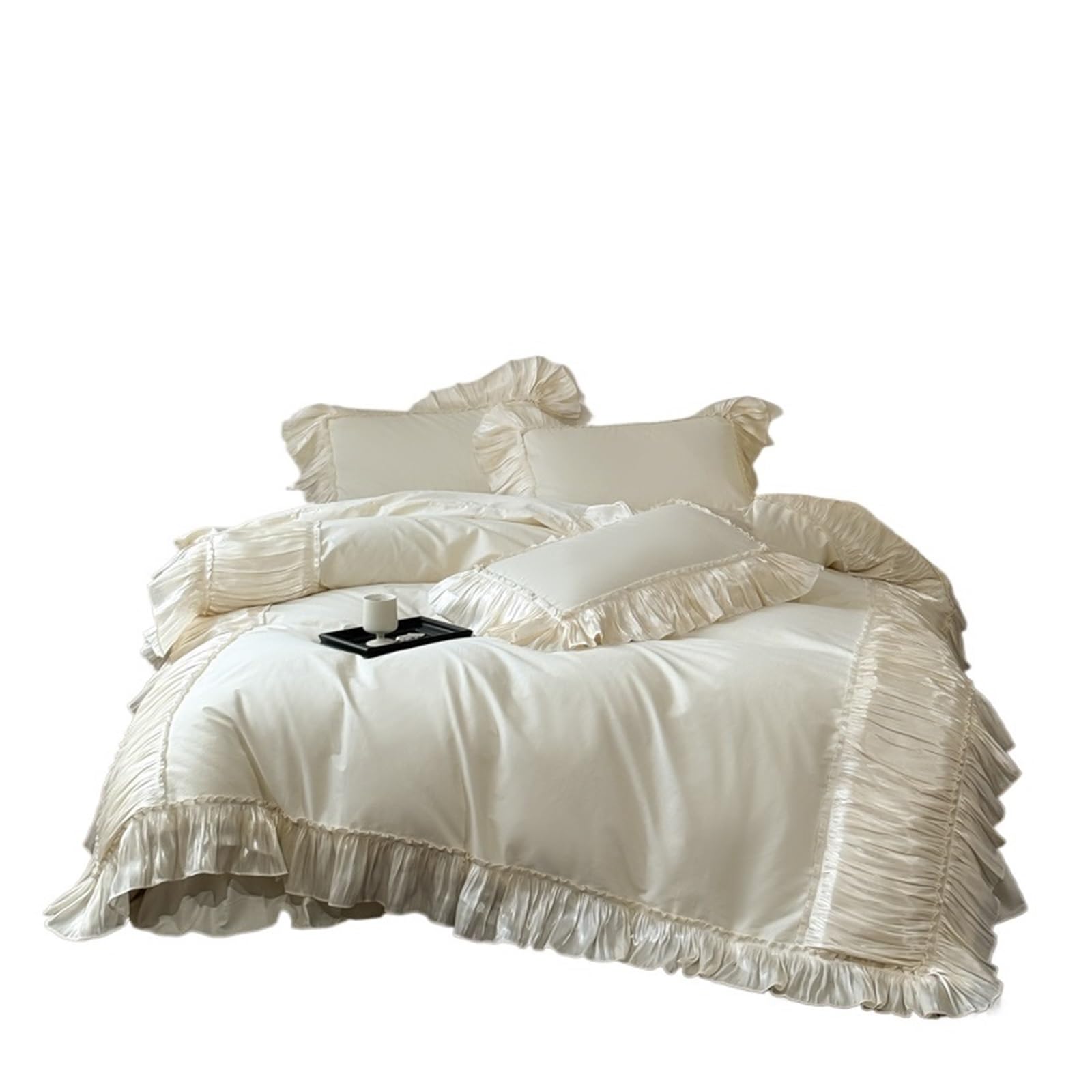 GCYEIDMA Ruffle Duvet Cover Vintage Pleated Lace Ruffles Cotton Bedding Set Duvet Cover Flat Sheet or Bed Skirt Pillowcases 4Pcs(Queen Flat Sheet 4pc)