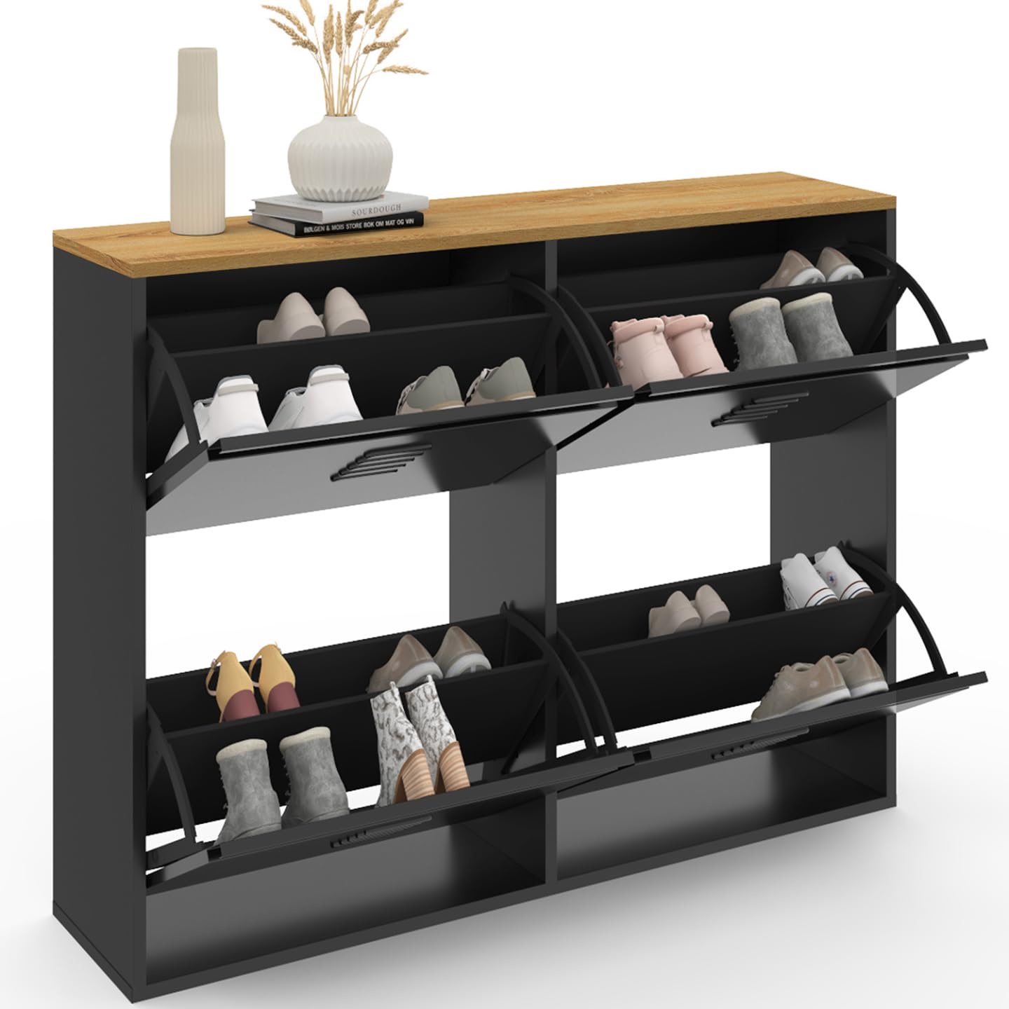 IDMarket - ESTER zapatero de metal negro de 4 puertas para 20 pares con tapa de madera de diseño industrial