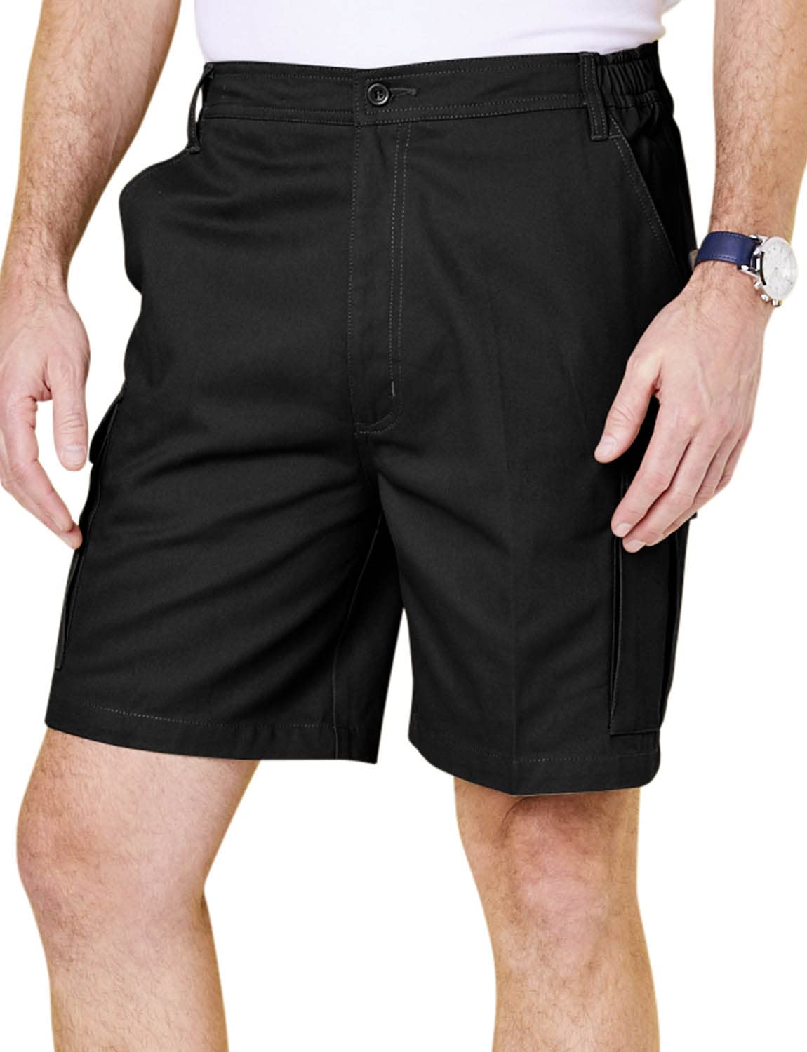 Chums Men's Black Cotton Cargo Shorts With Side Elastic Waist With Classic Belt Loops & Button Flap Pockets, Soft Breathable 100% Cotton 48