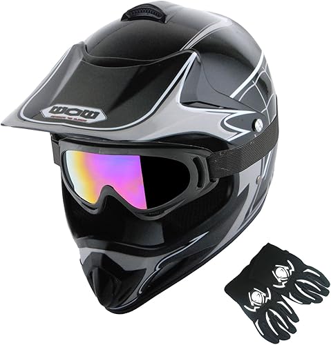 WOW Casco de motocross BMX MX ATV para niños y jóvenes, casco Dianosour Dragon + gafas + guante marciano juvenil paquete HJOY MG