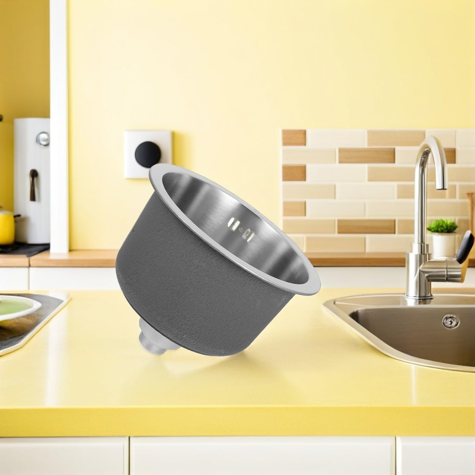 STOBAZA Fregadero de Cocina Mini Redondo de Acero Inoxidable, Lavabo Individual con Kit de Desagüe y Rebosadero, Plata, para Autocaravana, Bar y Sala de Servicio