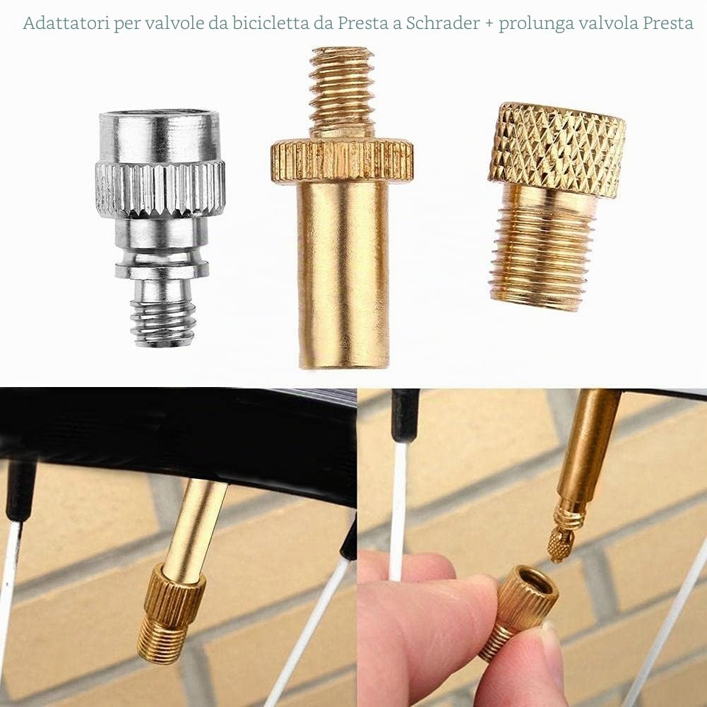 Adattatori per valvole da Presta a Schrader per bicicletta + prolunga valvola Presta, strumenti per pompa bici strada e montagna