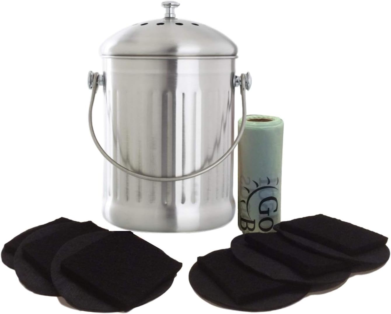 Gardenatomy Kitchen Compost Pail Bin for Countertop - Food Scrap Container, Leak Proof Stainless Steel - Includes 1 Year's Worth of Dual Charcoal Filters & Compost Pail Bags