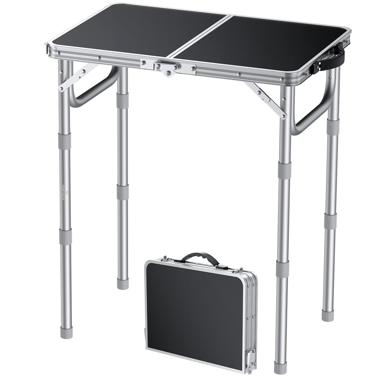 FUNYKICH Mesa Plegable de Camping, Mesa de Picnic Portátil de 3 Alturas Ajustables, Ligera de Aluminio para Exteriores con Asa de Transporte para Camping, Picnic, Barbacoa, 58x40 cm, Plata