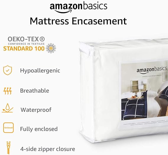 Amazon Basics Waterproof Mattress and Box Spring Protector, Zipper Enclosed Cover to Protect Against Liquid Spills, 12a to 18 Depth, Queen, White