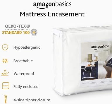 Amazon Basics Waterproof Mattress and Box Spring Protector, Zipper Enclosed Cover to Protect Against Liquid Spills, 12a to 18 Depth, Queen, White
