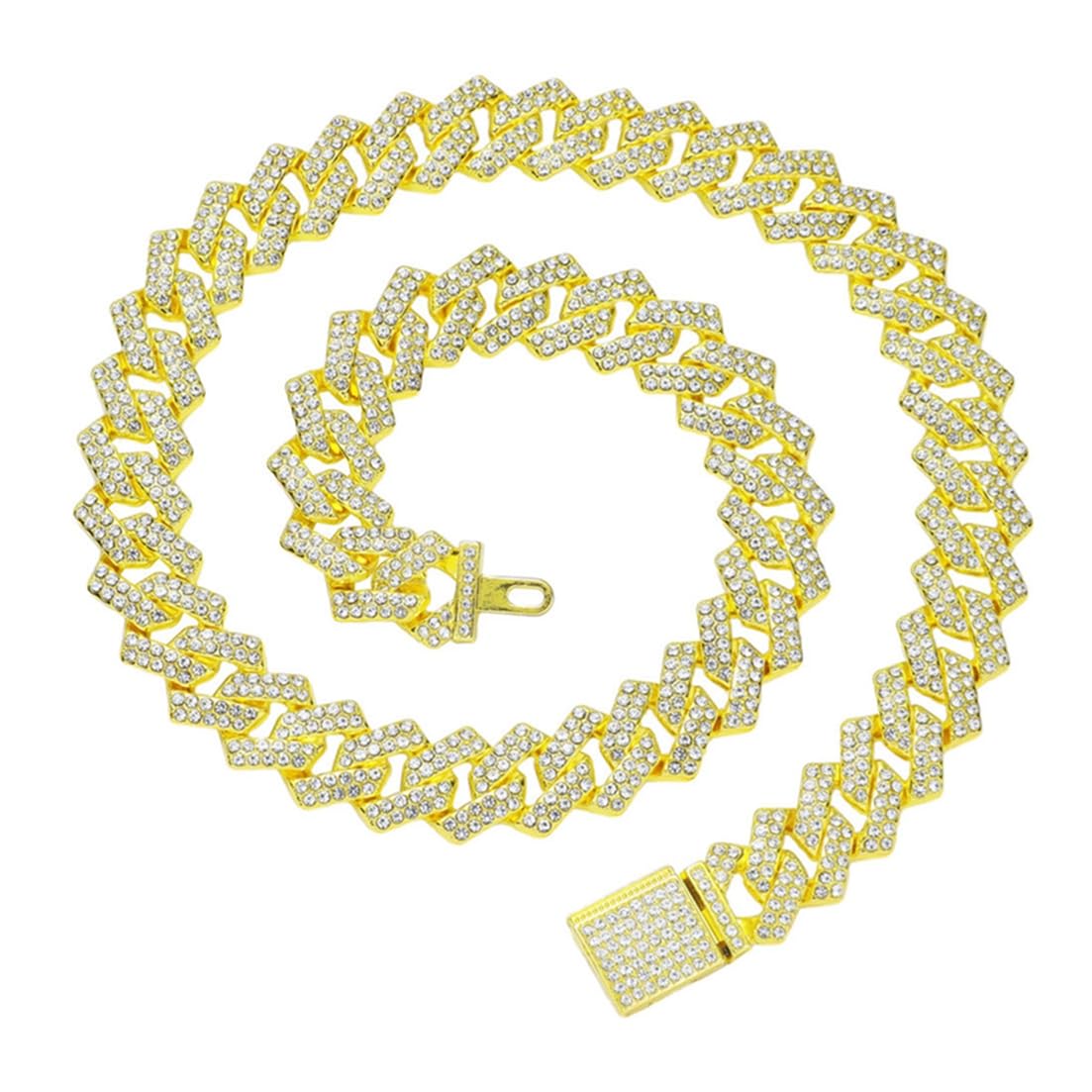 Hundehalsband Mit Strass & Kubanischer Kette – Seitliche Stacheln, Gold, Verstellbar Bis 20,3 Cm