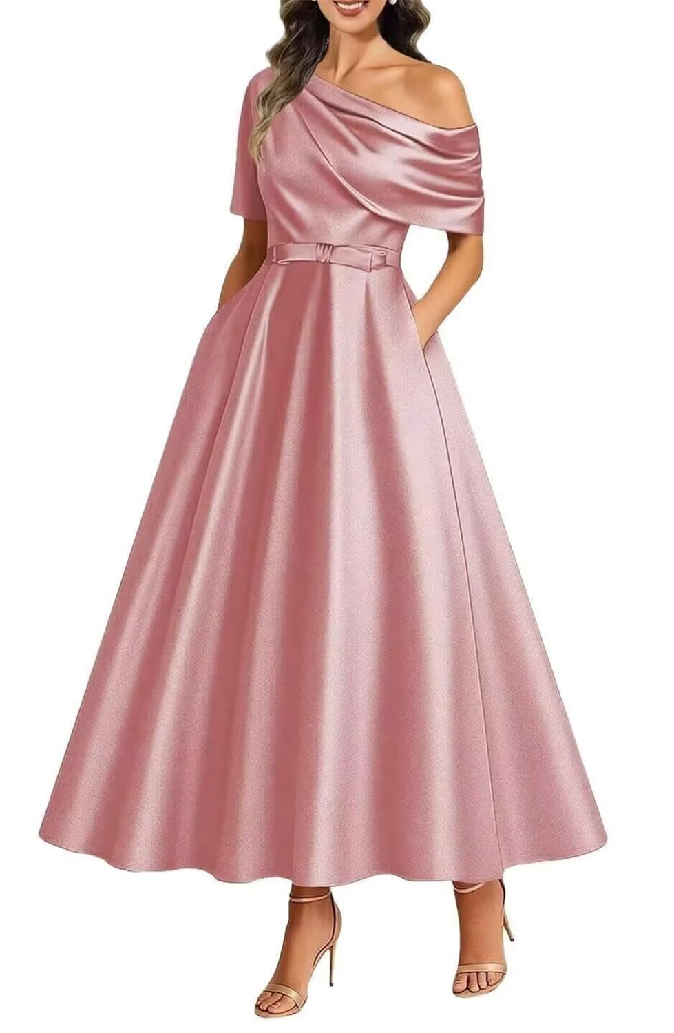KIYNE Tea Length Mother of the Bride Dresses for Women with Pockets Dusty Rose Satin Mother of the Groom Dress Formal Gown UK14