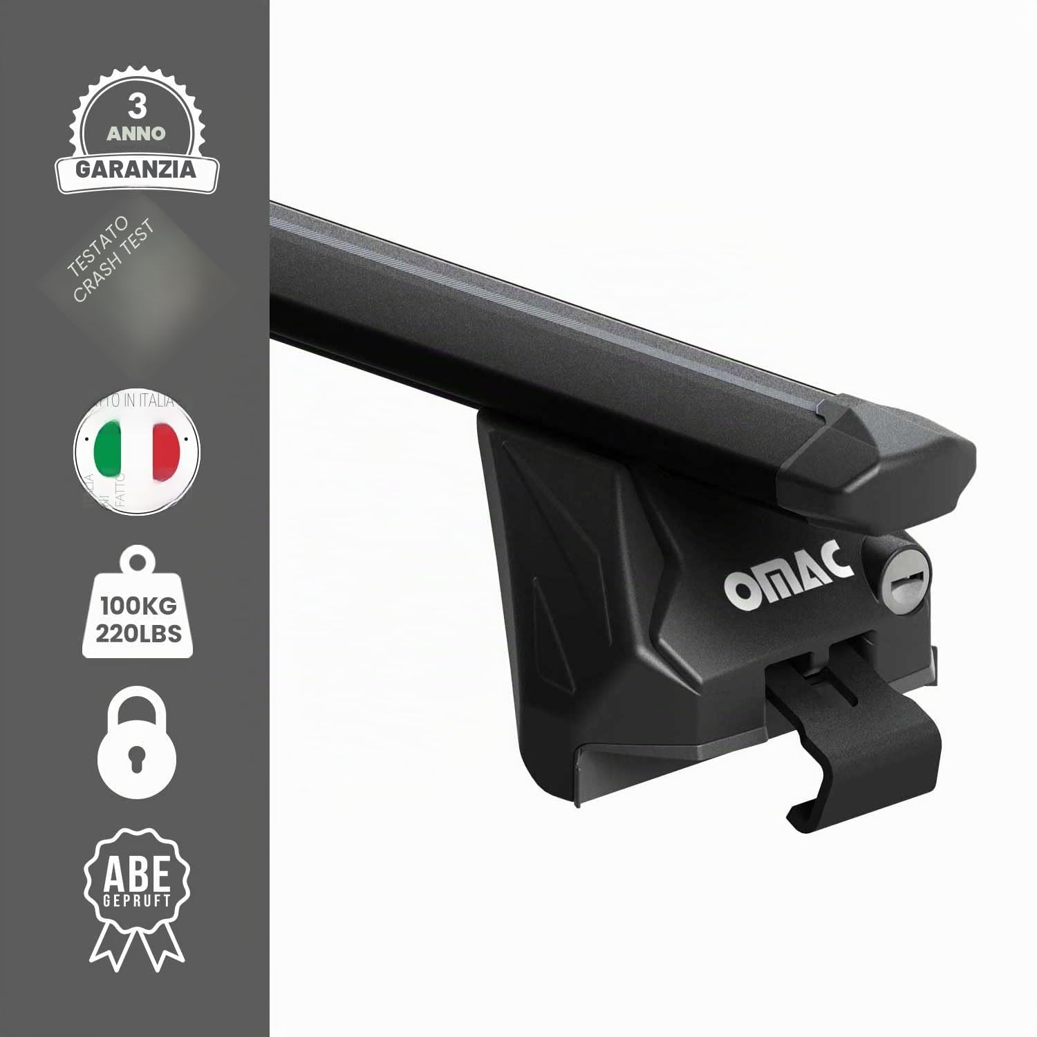 OMAC Barre Portatutto Alluminio TÜV geprüft per Opel Mokka I 2012-2019 – per Rail Tetto Integrati – T Nut – Max 100 kg – 2 Schlösser Nero