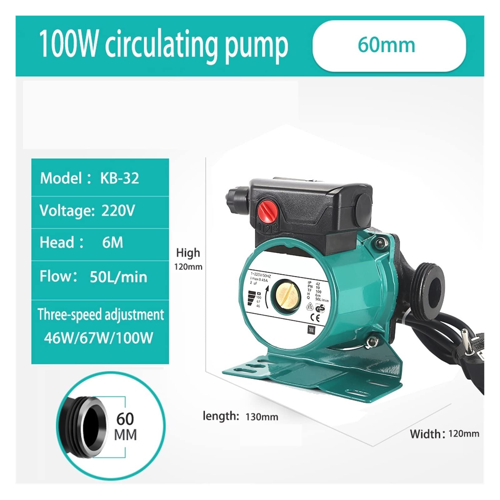Bomba de circulación agua caliente calefacción 100w for el hogar for calentar la bomba refuerzo ultrasilenciosa caldera Central aire acondicionado,Mantenimiento Industrial(Pipe diameter 60mm)