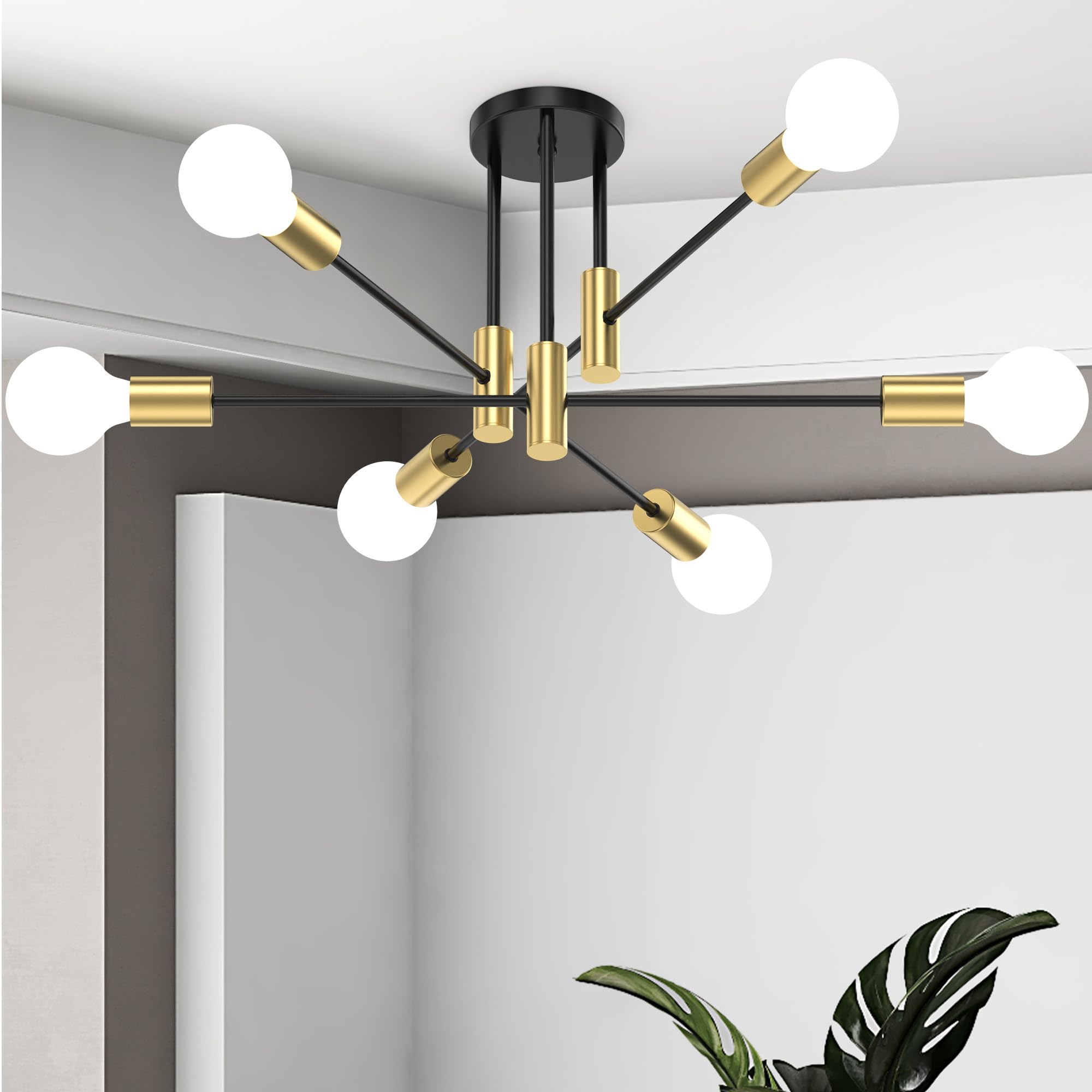 Modern Sputnik Chandelier Ceiling Light Fixtures 6-Lights Mid Century Industrial Metal Semi Flush Mount Lamp for Bedroom Dining
