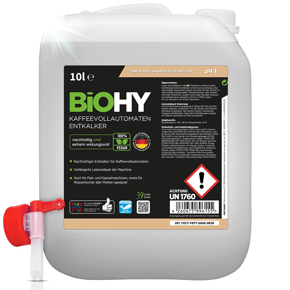 BiOHY Descalcificador de cafetera (Bidón de 10 litros) + Grifo de Salida | Ideal para descalcificar todas las cafeteras y máquinas de espresso | Apto para todas las marcas conocidas (Kaffee Entkalker)
