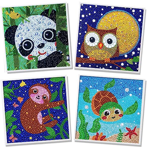 VillyVida 4 Pack kit de pintura 5D diamante para crianças, design de animais 5D, cristal diamante bordado pinturas kit, artesanato para decoração de casa, 15 x 15 cm