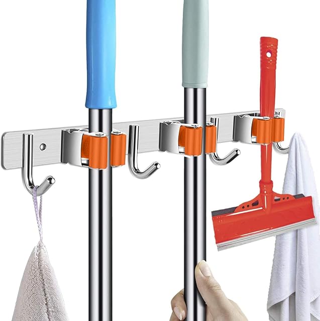 POPRUN Mop Broom Holder Wall Mounted Organizer Stainless Steel Storage Hanger Self Adhesive Hook Tool for Kitchen,Garden,Garage,Office,Laundry,3 Racks 4 Hooks,Orange