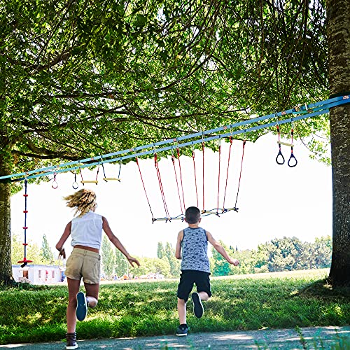 Double Slackline Obstacle Course - 110 Ft Line - Ninja Warrior Course with Monkey Bars for Kids - Patented Double Line Design (110' Ultimate Warrior Set, with Rickety Bridge)