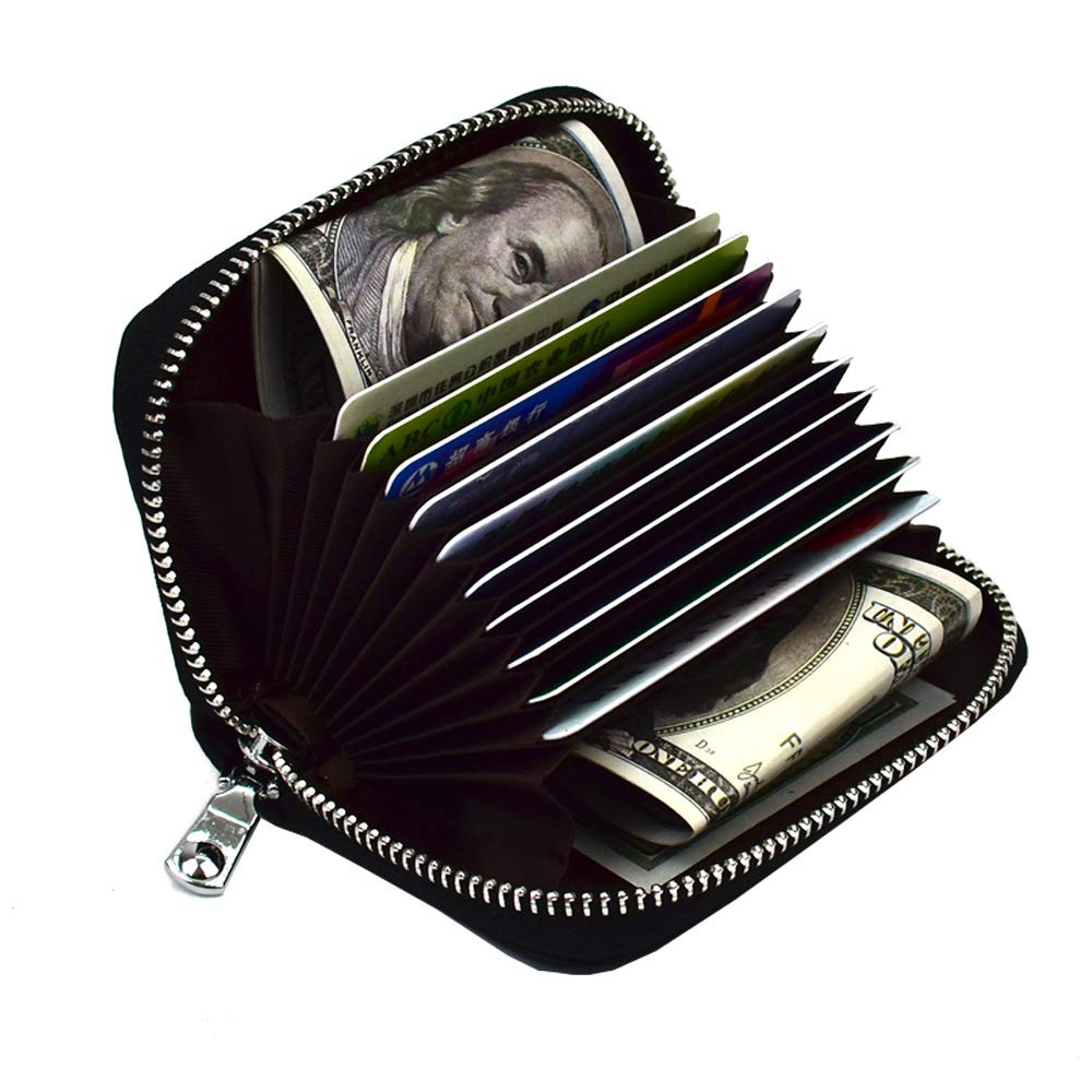 LingLingoRFID Blocking Credit Card Organizer Wallet Genuine Leather Zipper Security Travel Small Money Holder, Black, Small