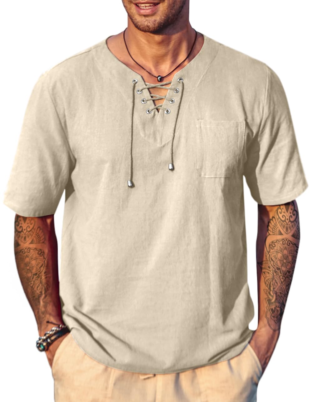 COOFANDYMen Casual Cotton Linen T Shirt Short Sleeve Beach Lace Up Hippie Shirt Yoga Renaissance Tunic
