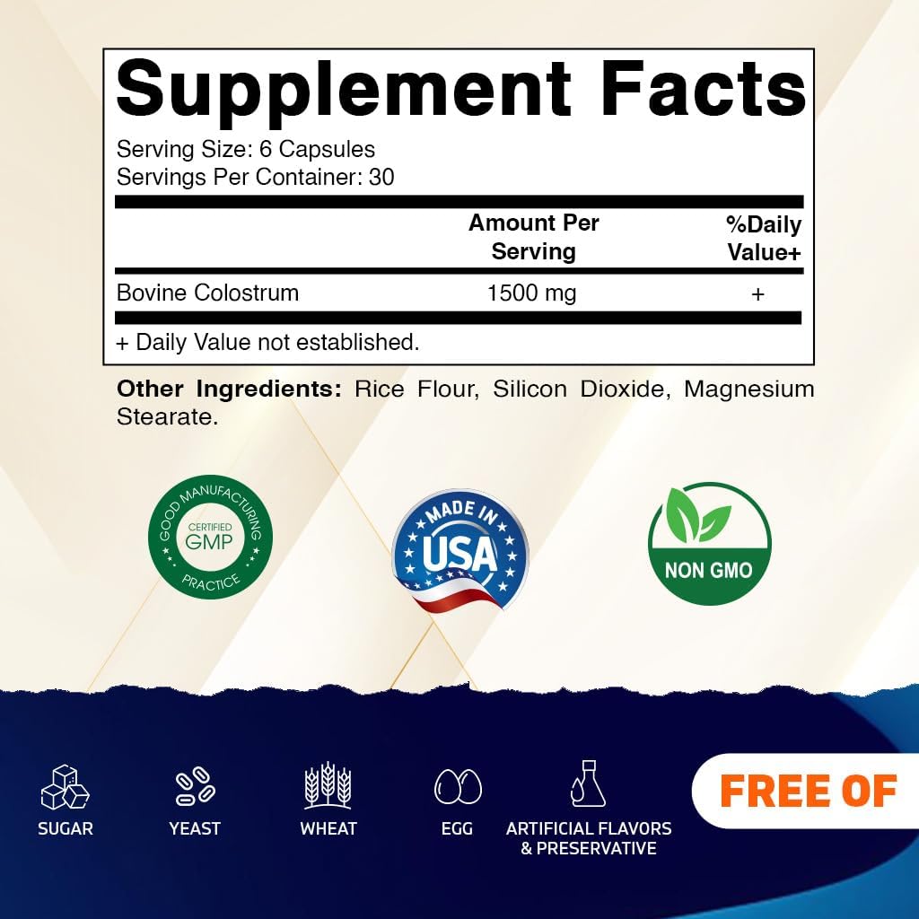Vitamatic Bovine Colostrum 30% IgG Supplement 1500 mg per Serving - Supplement for Gut Health, Hair Growth, Beauty, Muscle Recovery, & Immune Support - 180 Veg Capsules - Image 2