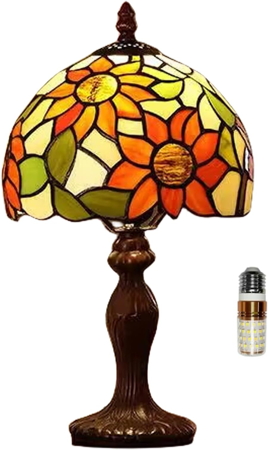 Tiffany Table Lamp,3 Color-Temperature Sunflower Stained Glass Lamp,8X8X15 Inch Small Accent Antique Nightstand Bedside Table Lamps for Bedroom Living Room Home Office Light +LED Bulb