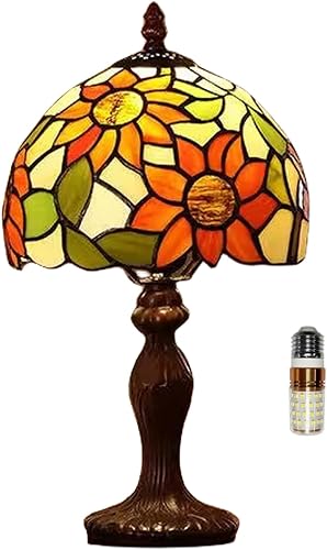 Tiffany Table Lamp,3 Color-Temperature Sunflower Stained Glass Lamp,8X8X15 Inch Small Accent Antique Nightstand Bedside Table Lamps for Bedroom Living Room Home Office Light +LED Bulb