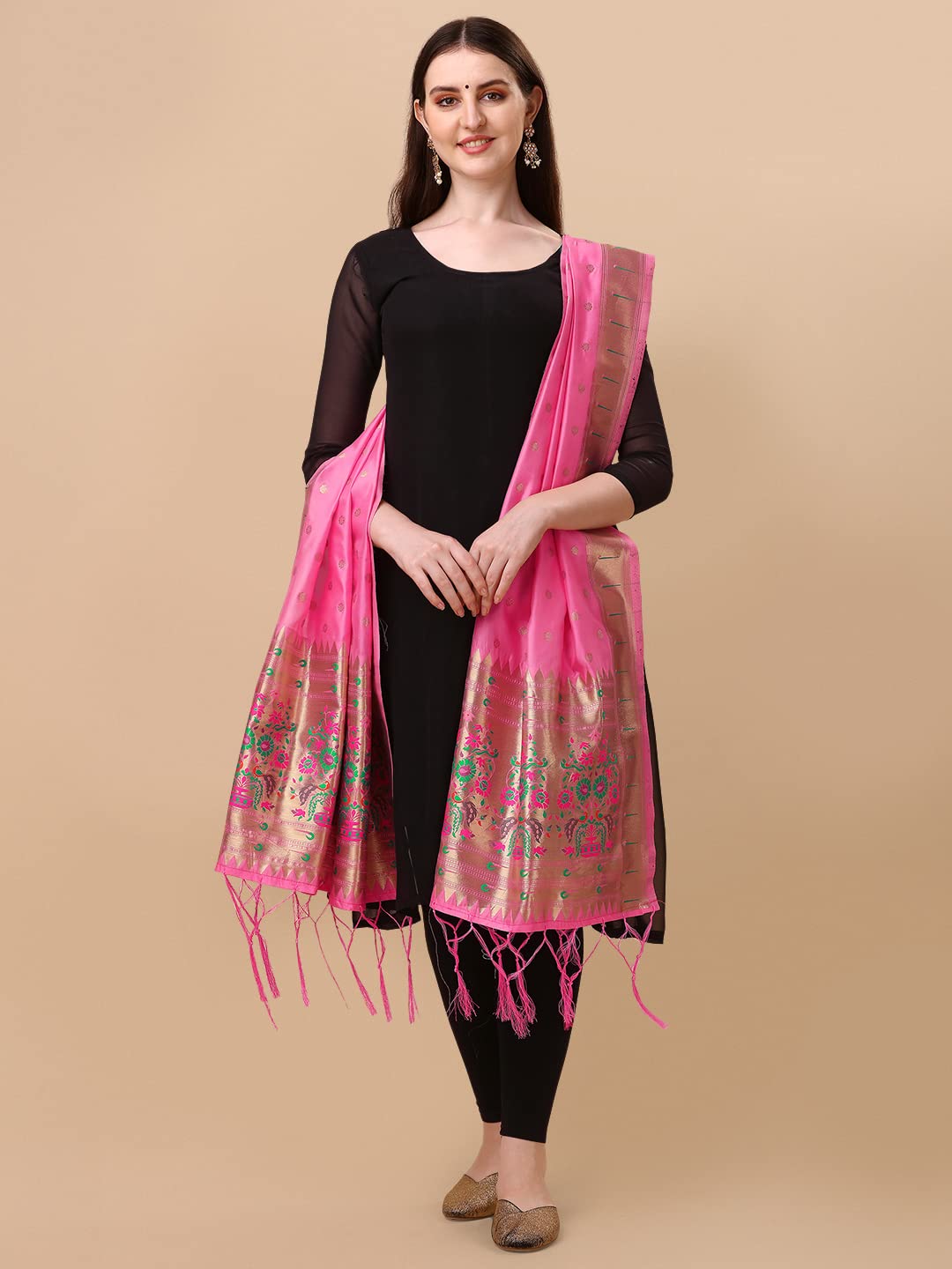 DEVANGI Women's Woven Paithani Banarasi Silk Dupatta/Chunni For Women, Animal Print 1 Meter Wide and 2.3 Meter Length Printed Designer Dupatta/Chunni For Girls (BabyPink) 2