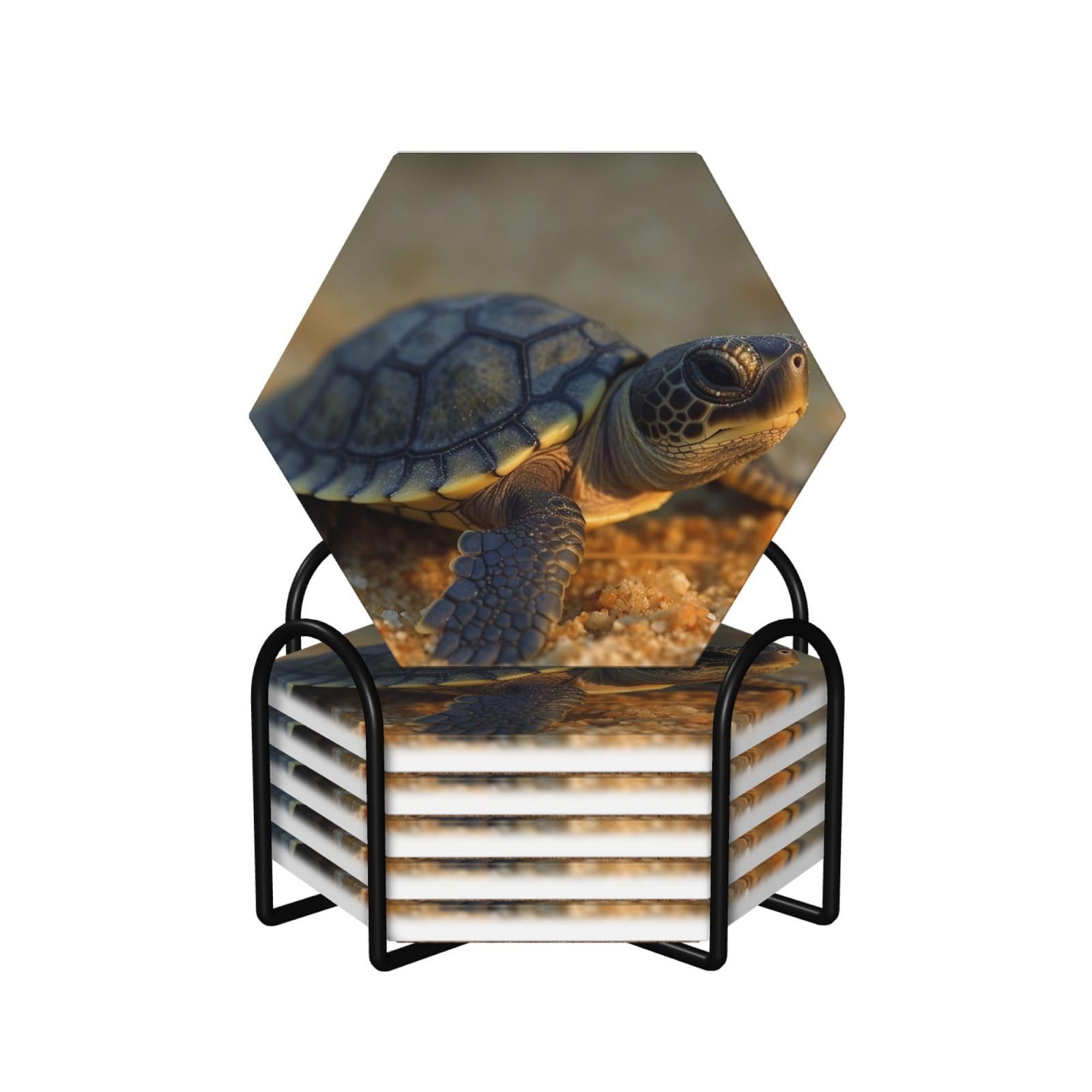 6Pcs Ceramics Coaster for Drinks, Baby Turtle Cup Coasters with Holder, Aesthetic Drink Coasters for Coffee Table, Absorbent Round Coaster for Tabletop Protection 4" Cup Mat Pad