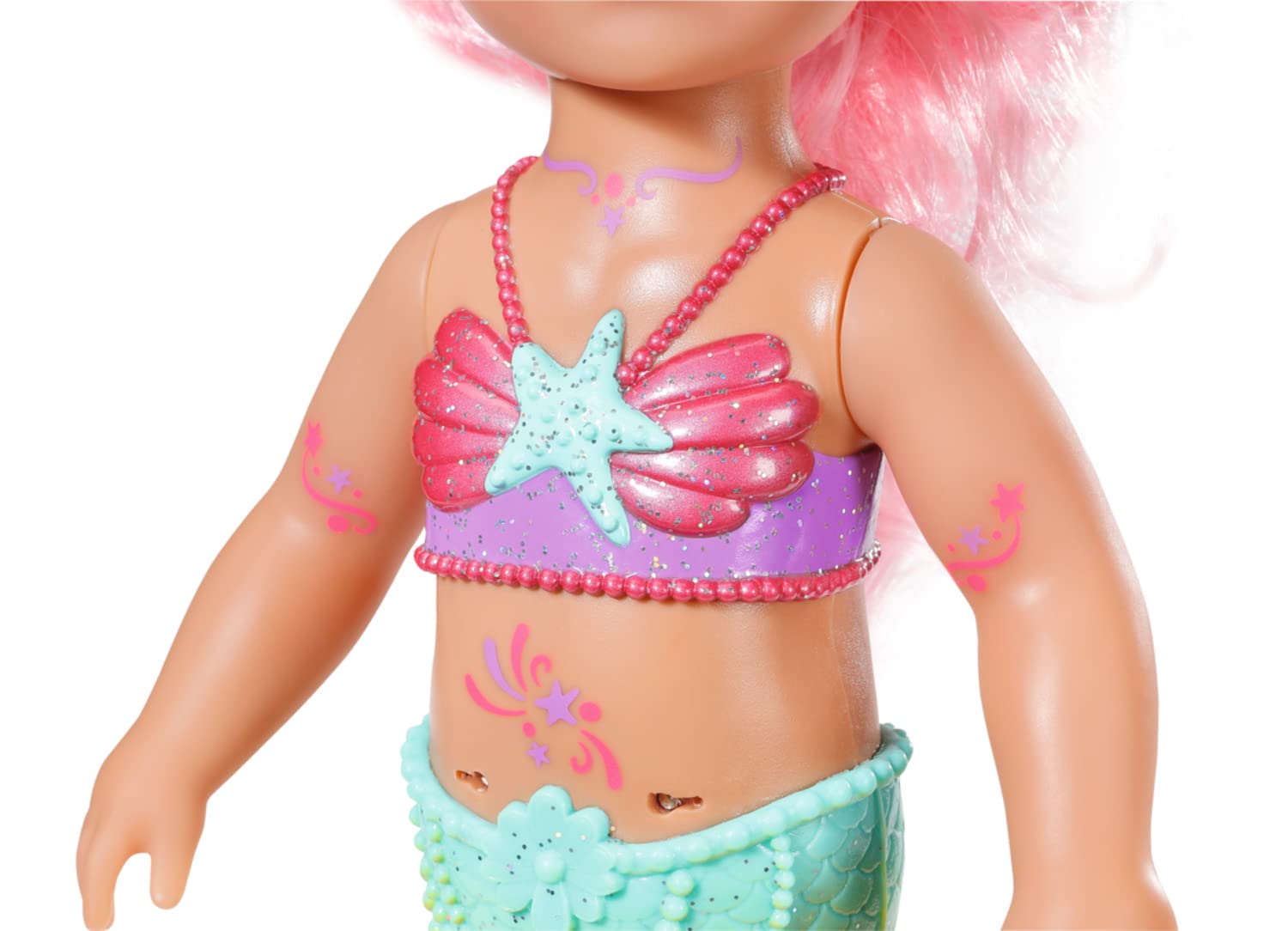 BABY born Zapf Creation 835357 Little Sister Meerjungfrau 46cm - Meerjungfrauen-Puppe Langen Haaren, schimmt durchs Wasser mit beweglicher Glitzer-Flosse, inkl. Diadem & Kamm.